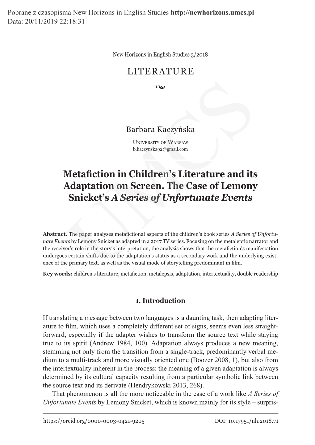 Metafiction in Children's Literature and Its Adaptation on Screen