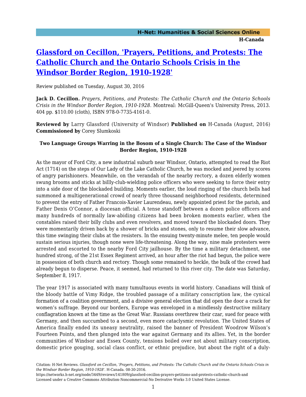 Prayers, Petitions, and Protests: the Catholic Church and the Ontario Schools Crisis in the Windsor Border Region, 1910-1928'