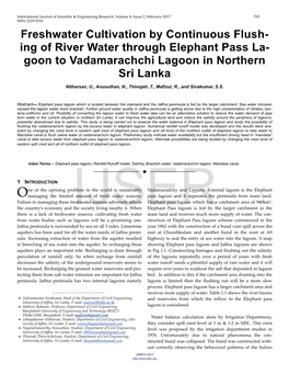 Freshwater Cultivation by Continuous Flush-Ing of River Water Through Elephant Pass La-Goon to Vadamarachchi Lagoon in Northern