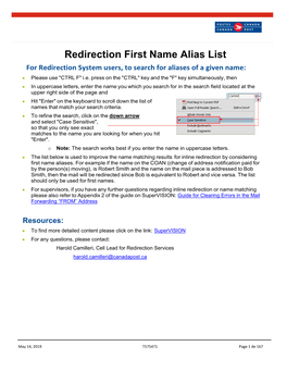 Redirection First Name Alias List for Redirection System Users, to Search for Aliases of a Given Name: • Please Use "CTRL F" I.E