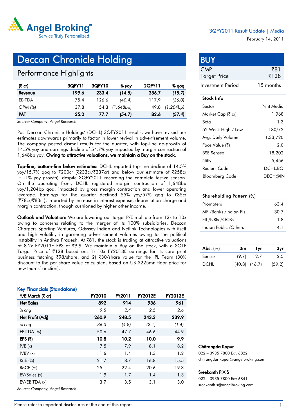 Deccan Chronicle Holding BUY CMP `81 Performance Highlights Target Price `128