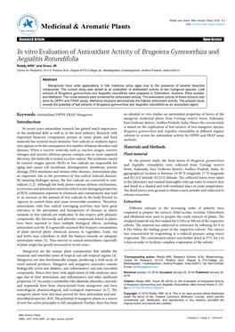 In Vitro Evaluation of Antioxidant Activity of Brugeiera Gymnorrhiza and Aegialitis Rotundifolia Reddy ARK* and Grace JR Centre for Research, Dr.V.S