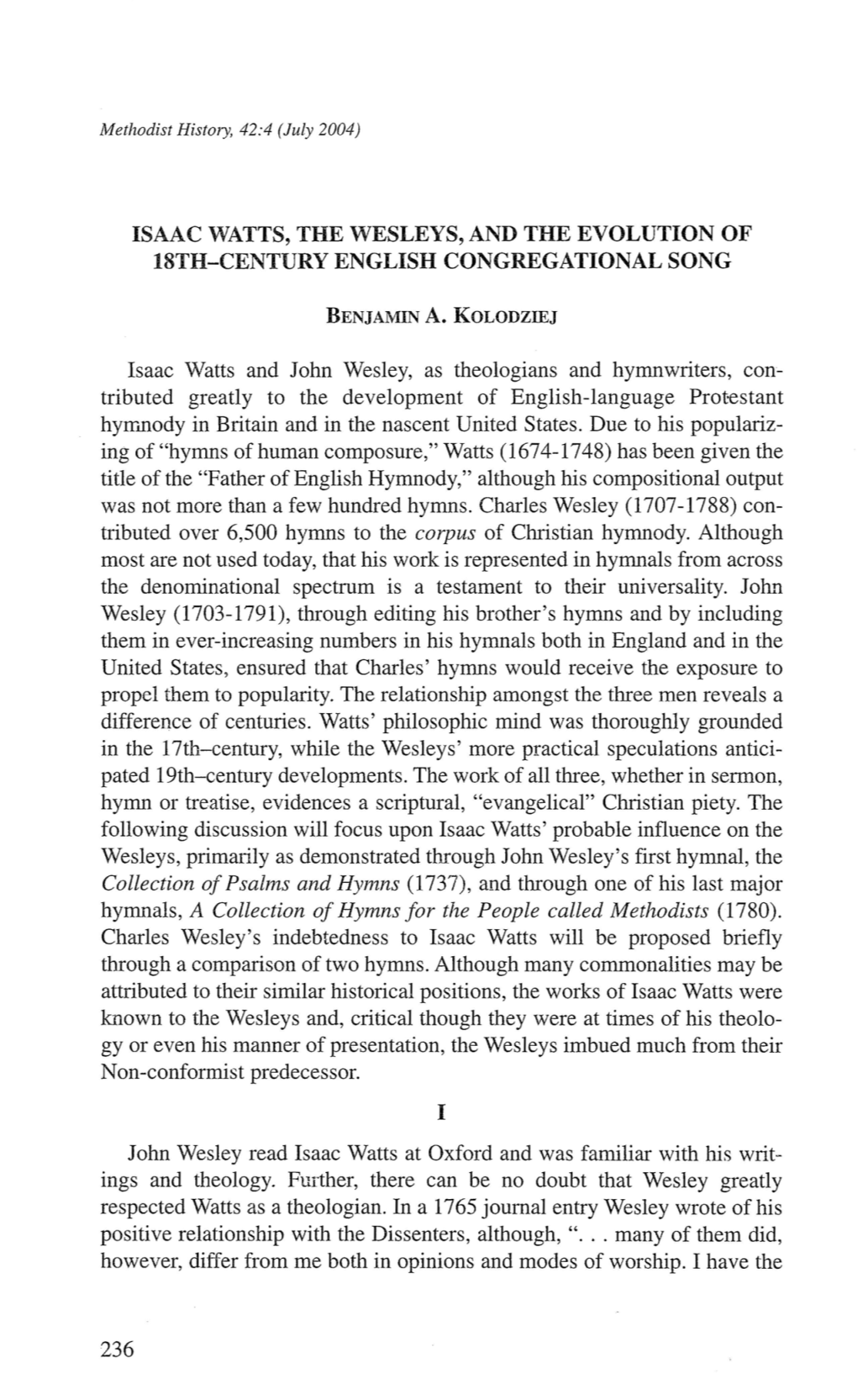 Isaac Watts, the Wesleys, and the Evolution of 18Th-Century English Congregational Song