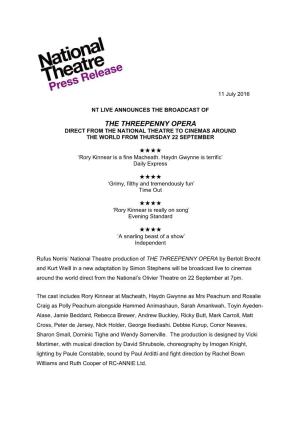 The Threepenny Opera Direct from the National Theatre to Cinemas Around the World from Thursday 22 September