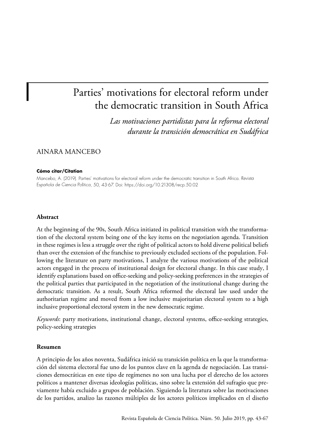 Parties' Motivations for Electoral Reform Under the Democratic