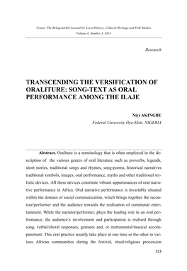 Transcending the Versification of Oraliture: Song-Text As Oral Performance Among the Ilaje