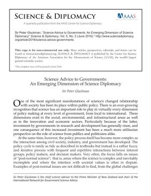 Science Advice to Governments: an Emerging Dimension of Science Diplomacy” Science & Diplomacy, Vol