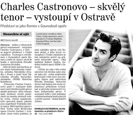 Charles Castronovo – Skvělý Tenor – Vystoupí V Ostravě