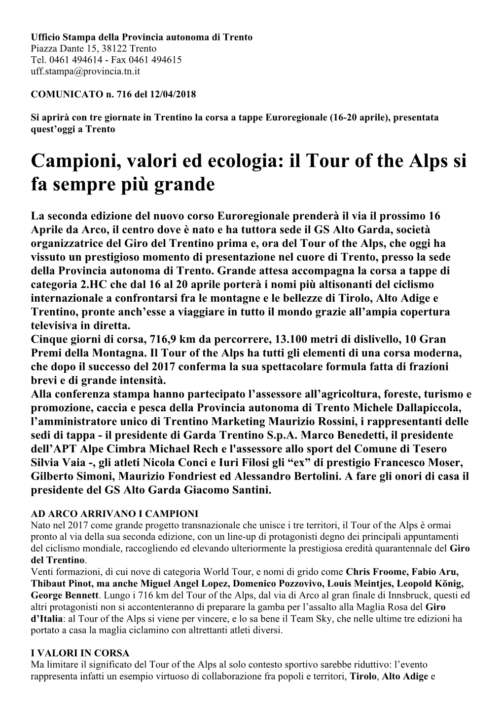 Campioni, Valori Ed Ecologia: Il Tour of the Alps Si Fa Sempre Più Grande