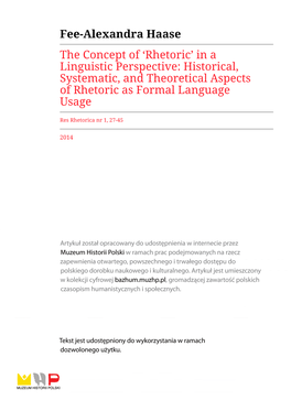 Fee-Alexandra Haase the Concept of 'Rhetoric' in a Linguistic Perspective: Historical, Systematic, and Theoretical Aspects O