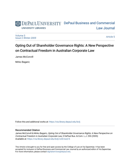 Opting out of Shareholder Governance Rights: a New Perspective on Contractual Freedom in Australian Corporate Law