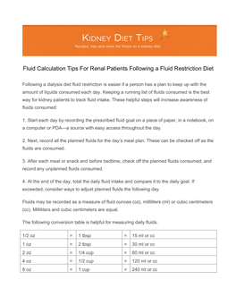 Fluid Calculation Tips for Renal Patients Following a Fluid Restriction Diet