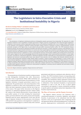 The Legislature in Intra-Executive Crisis and Institutional Instability in Nigeria