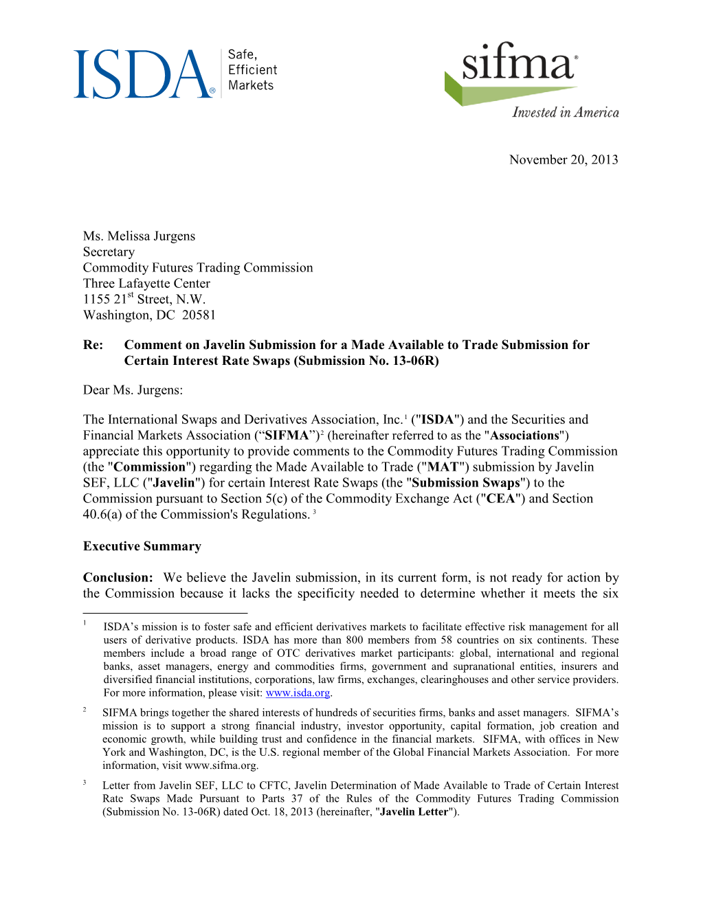 SIFMA and ISDA Submit Comments to the CFTC Regarding the Made