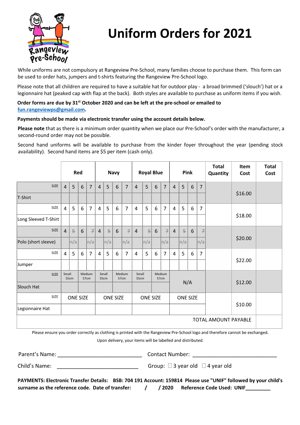 Uniform Order Form 2021