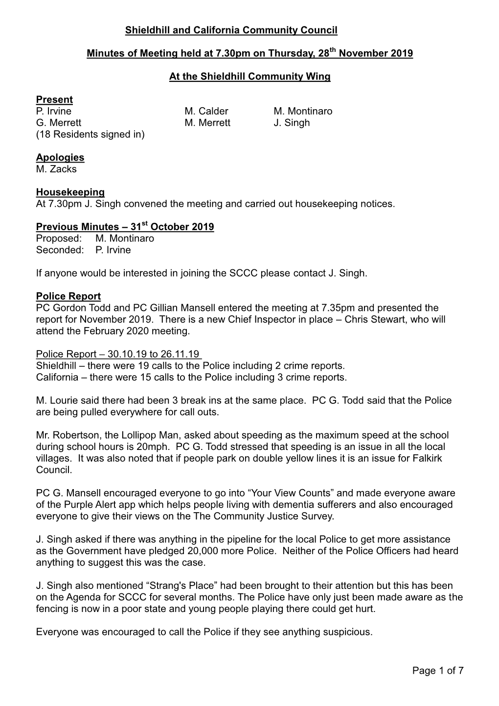 Page 1 of 7 Shieldhill and California Community Council Minutes of Meeting Held at 7.30Pm on Thursday, 28 November 2019 at the S