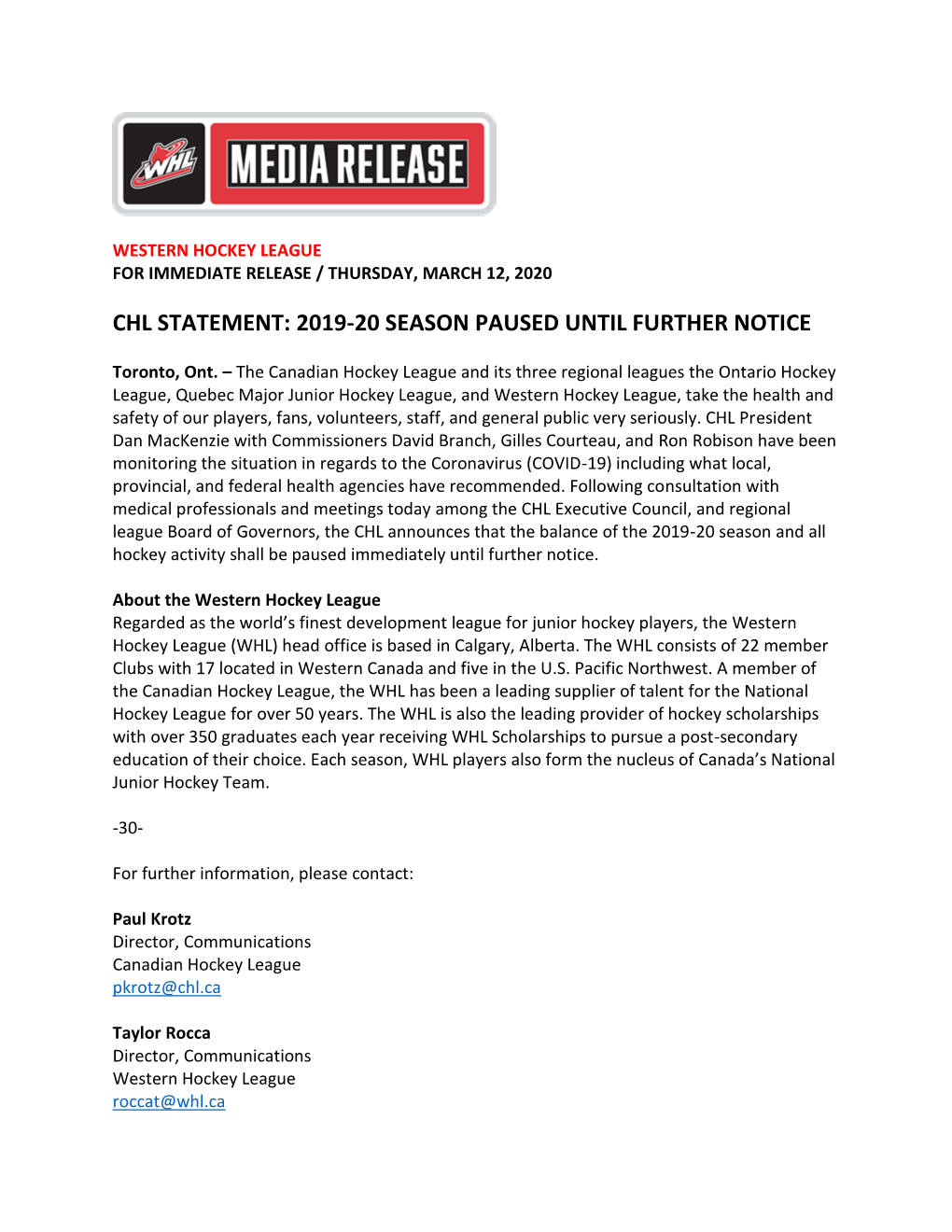 Chl Statement: 2019-20 Season Paused Until Further Notice