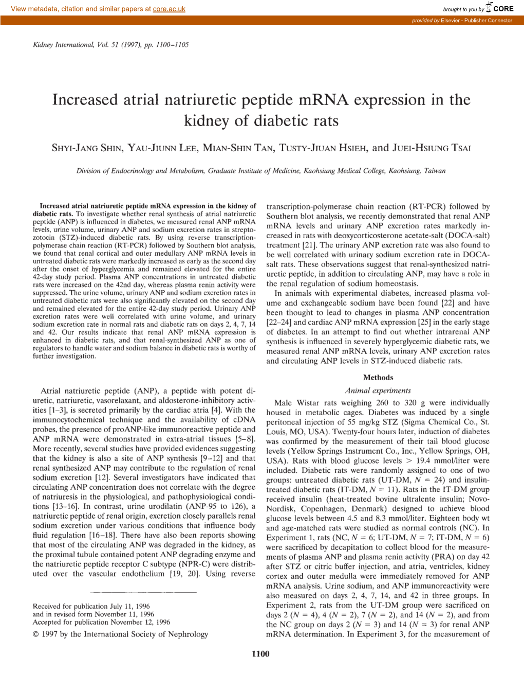 Increased Atrial Natriuretic Peptide Mrna Expression in the Kidney of Diabetic Rats