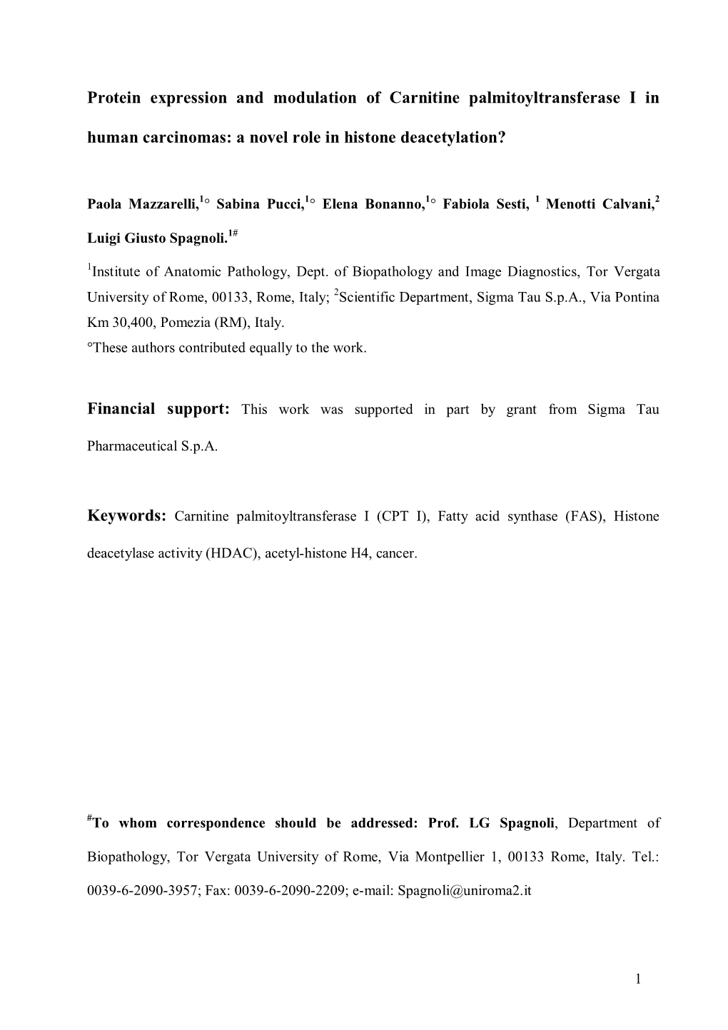 Protein Expression and Modulation of Carnitine Palmitoyltransferase I in Human Carcinomas: a Novel Role in Histone Deacetylation?