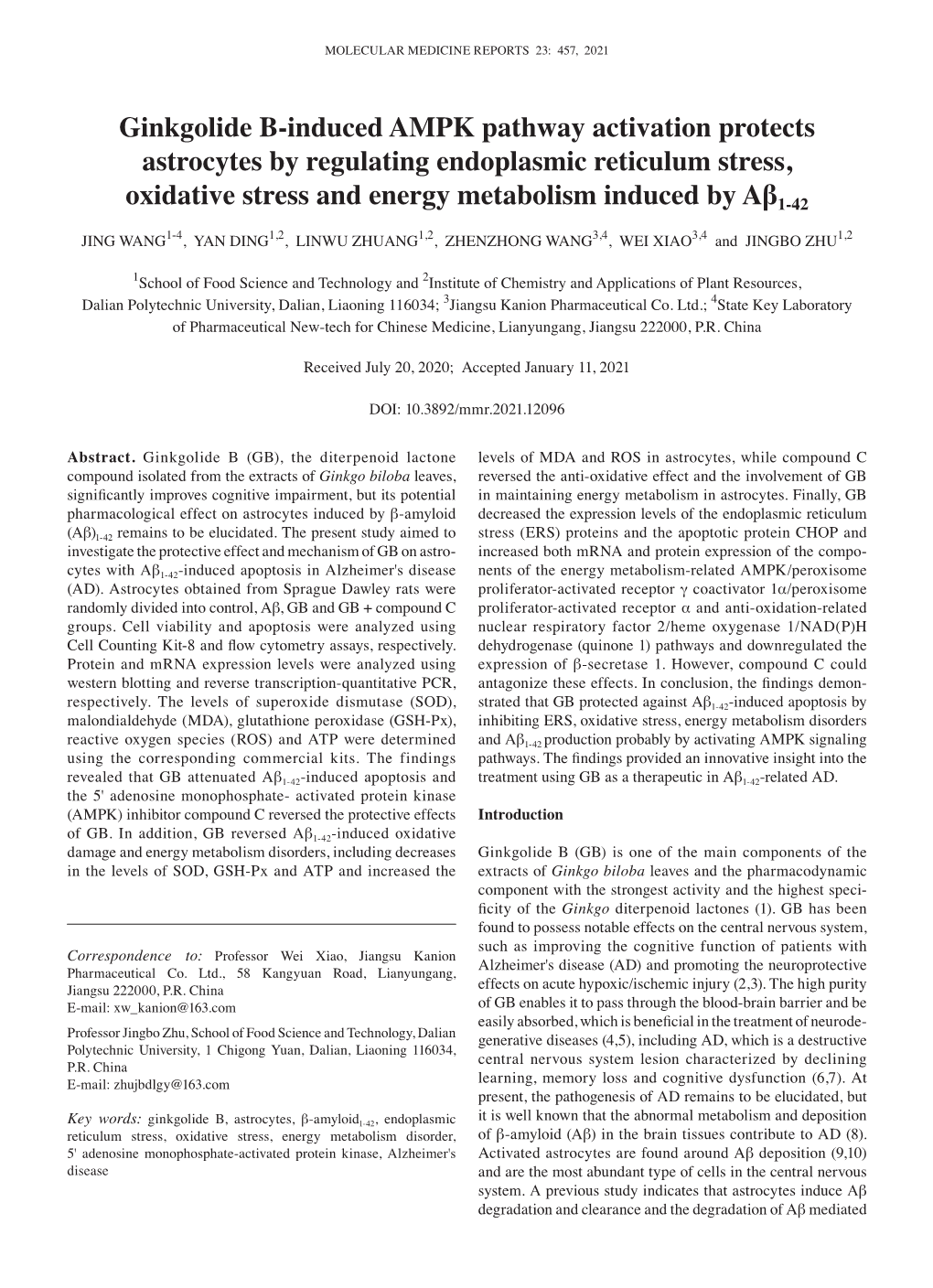 Ginkgolide B‑Induced AMPK Pathway Activation Protects Astrocytes by Regulating Endoplasmic Reticulum Stress, Oxidative Stress