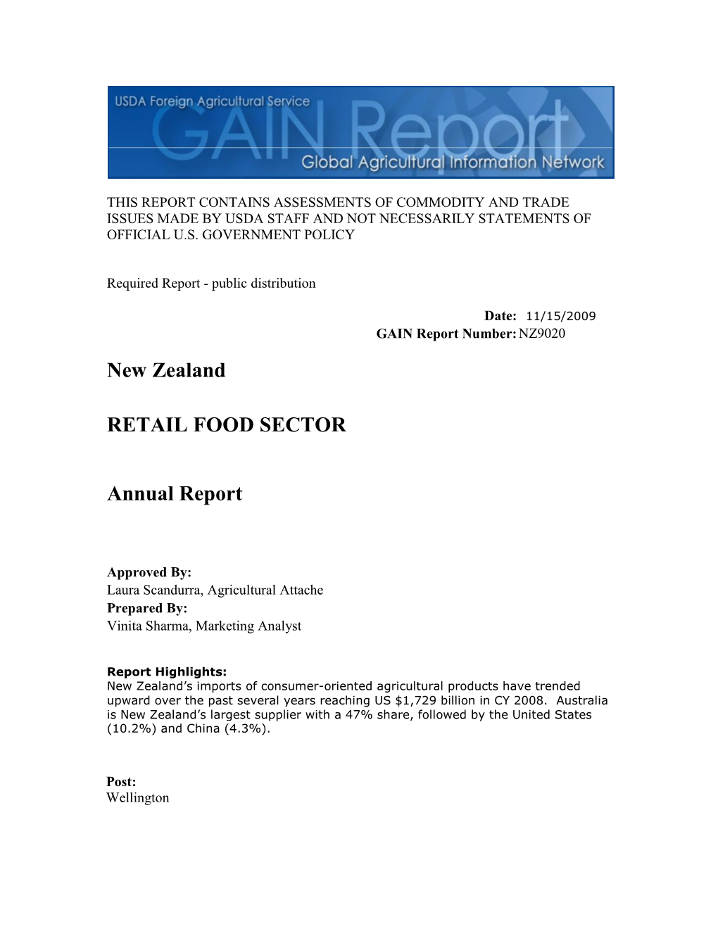 New Zealand RETAIL FOOD SECTOR Annual Report