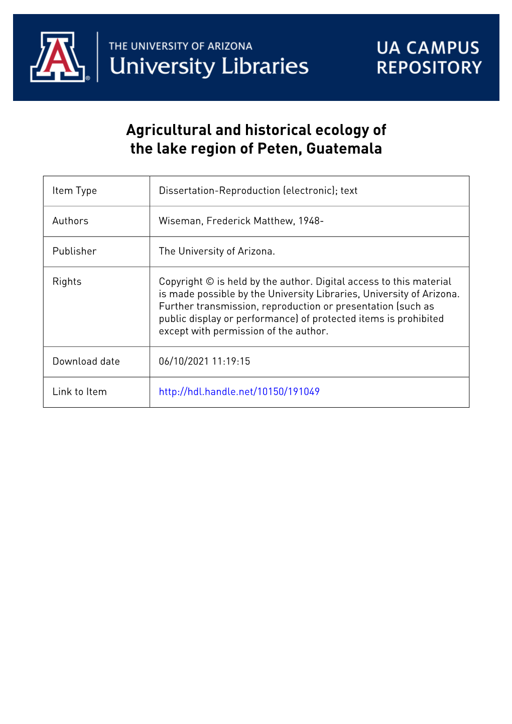 Agricultural and Historical Ecology of the Lake Region of Peten, Guatemala