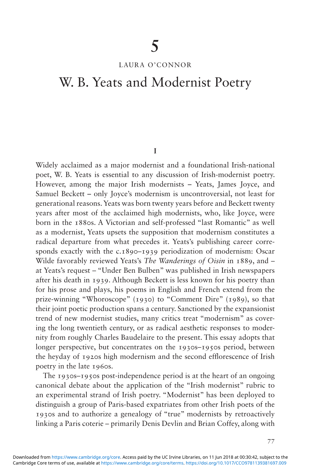 WB Yeats and Modernist Poetry