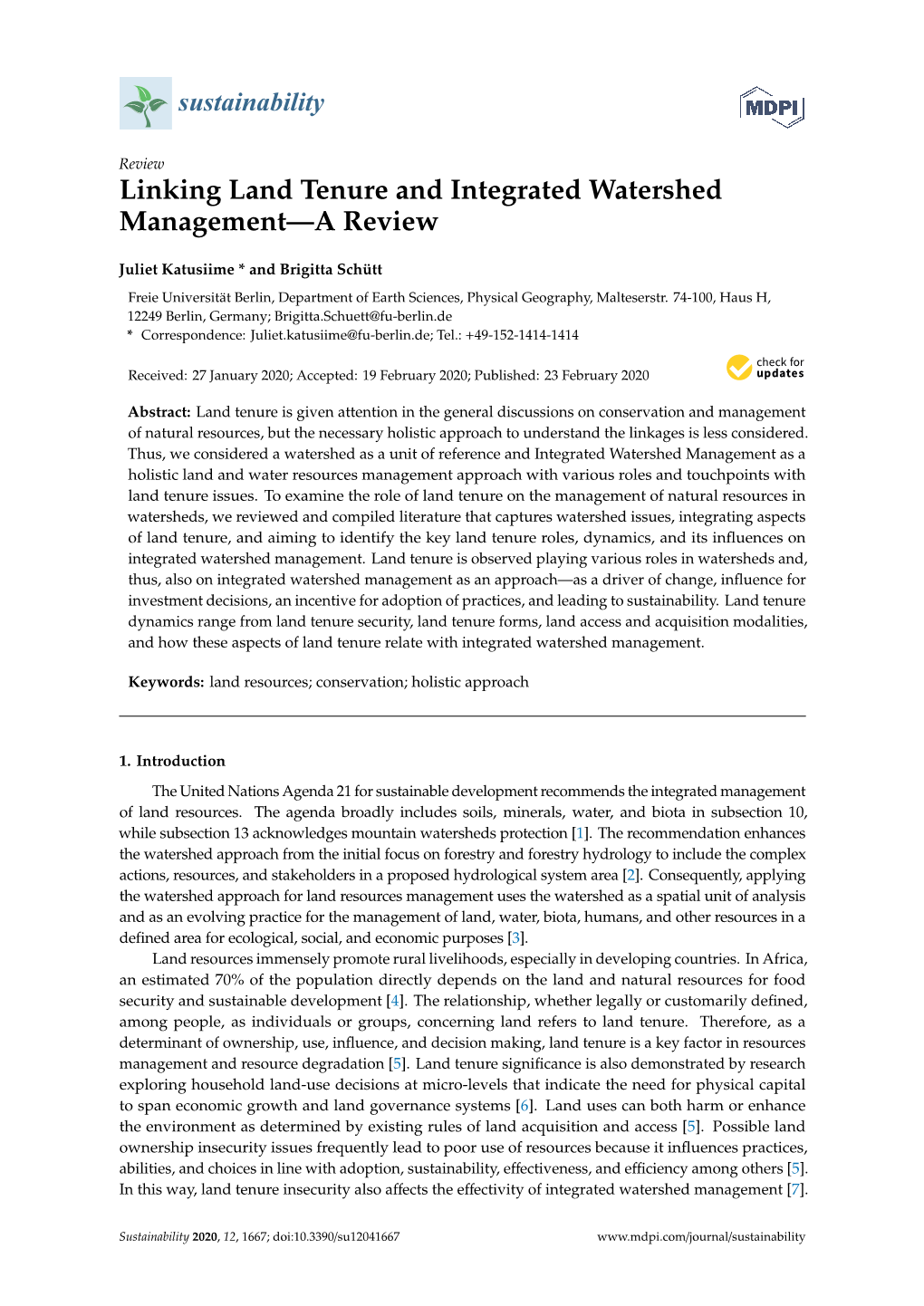 Linking Land Tenure and Integrated Watershed Management—A Review