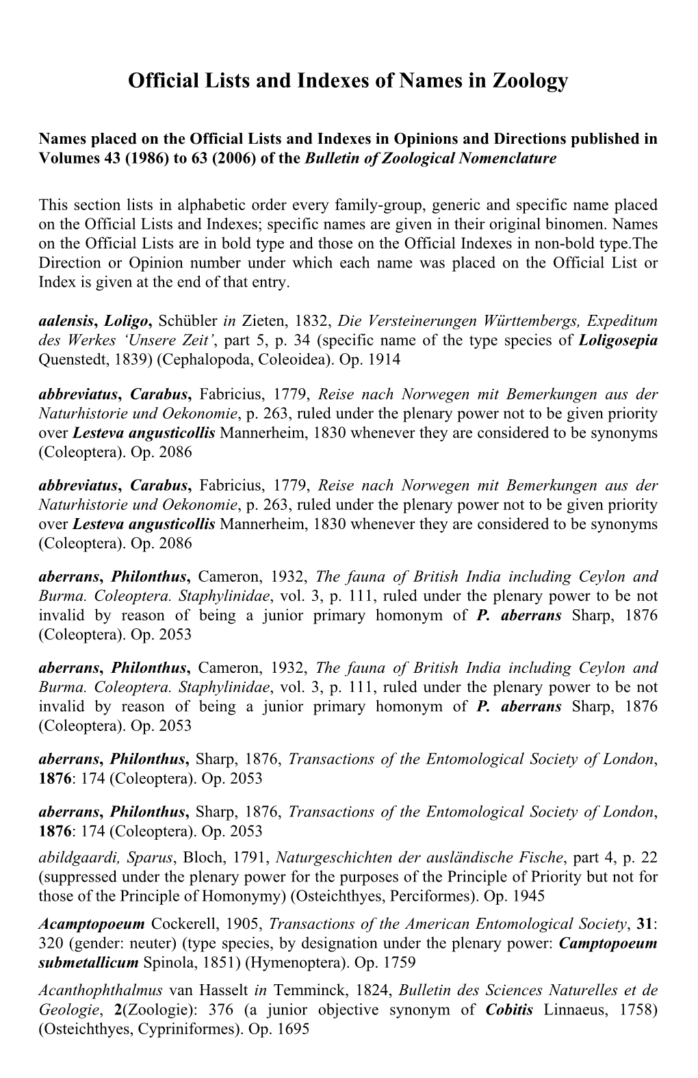 Official Lists and Indexes of Names in Zoology