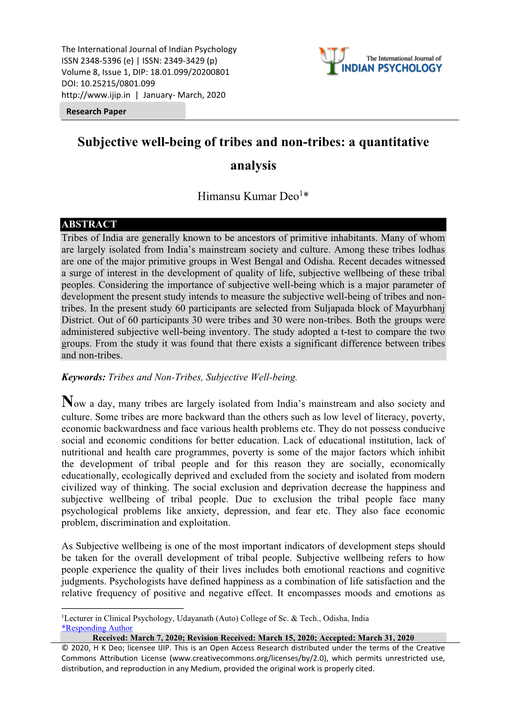 Subjective Well-Being of Tribes and Non-Tribes: a Quantitative Analysis