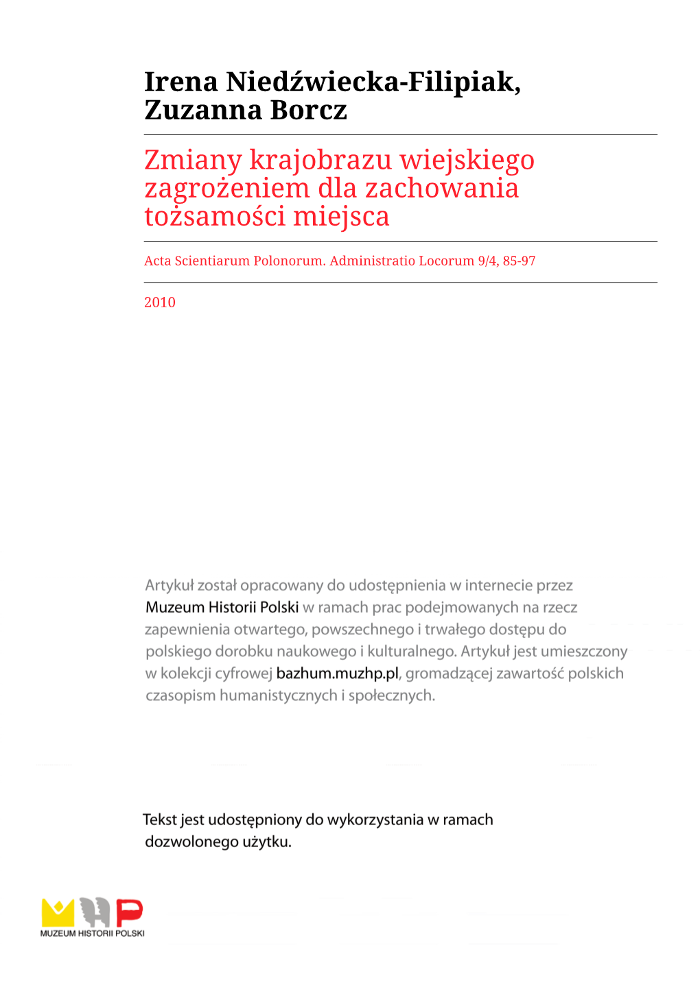 Irena Niedźwiecka-Filipiak, Zuzanna Borcz Zmiany Krajobrazu Wiejskiego Zagrożeniem Dla Zachowania Tożsamości Miejsca