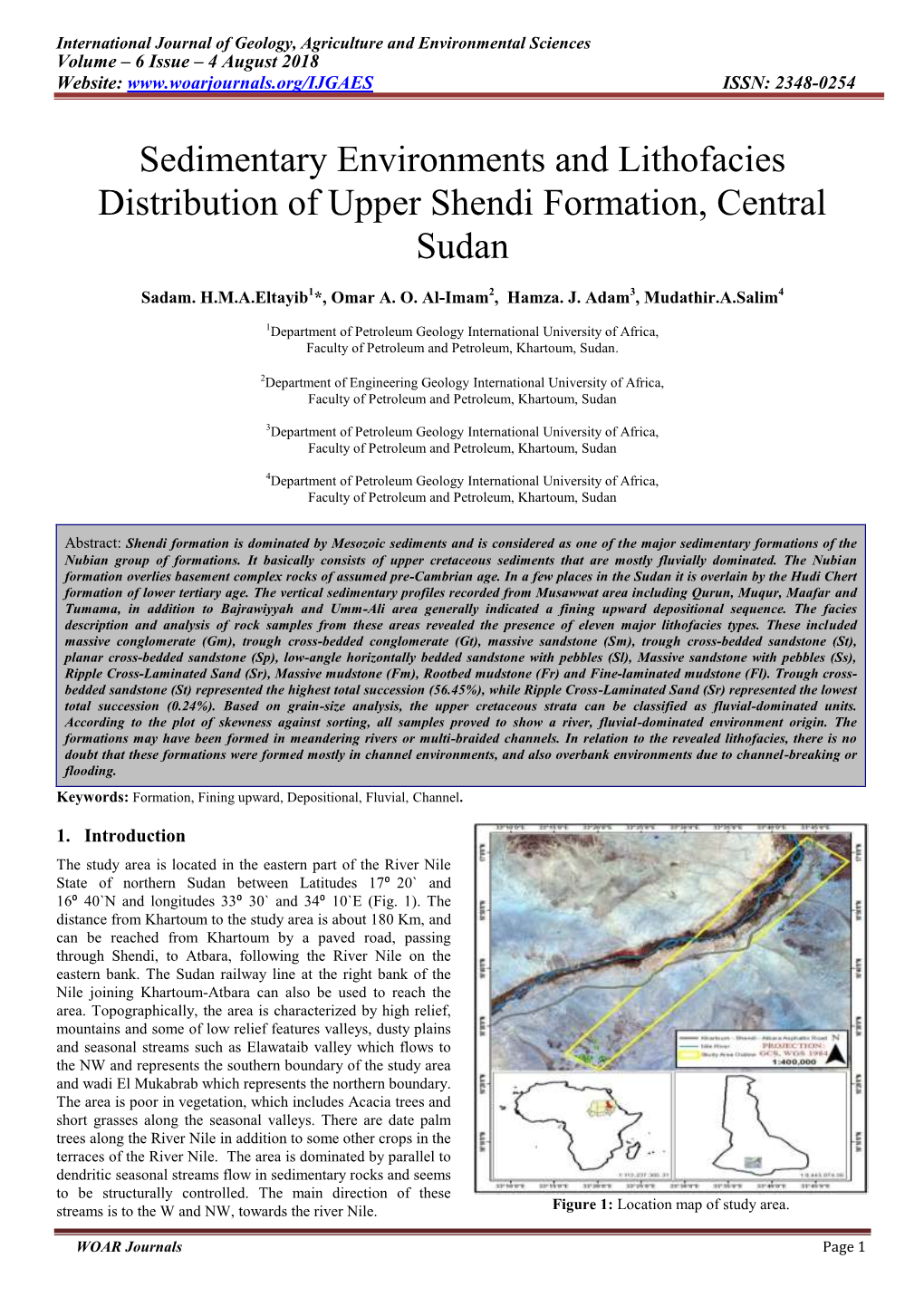 Sedimentary Environments and Lithofacies Distribution of Upper Shendi Formation, Central Sudan