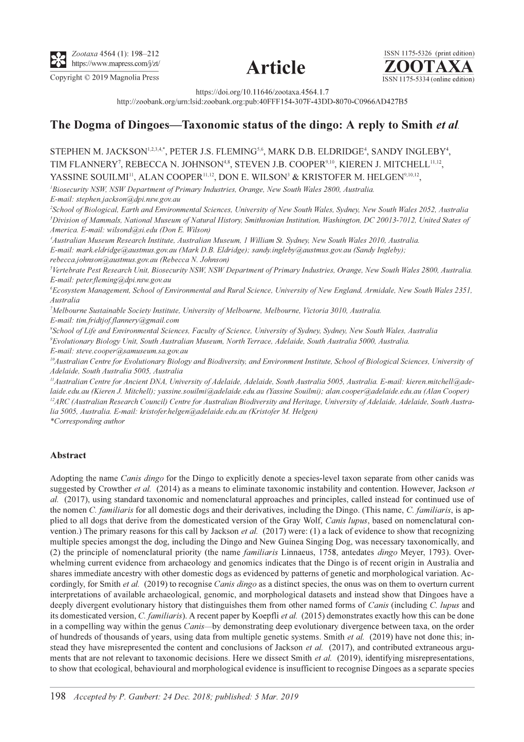 The Dogma of Dingoes—Taxonomic Status of the Dingo: a Reply to Smith Et Al