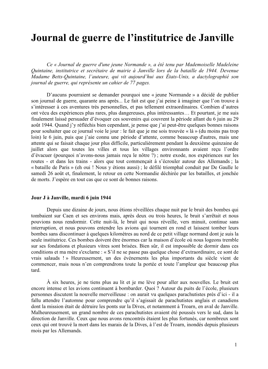 Journal De Guerre De L'institutrice De Janville