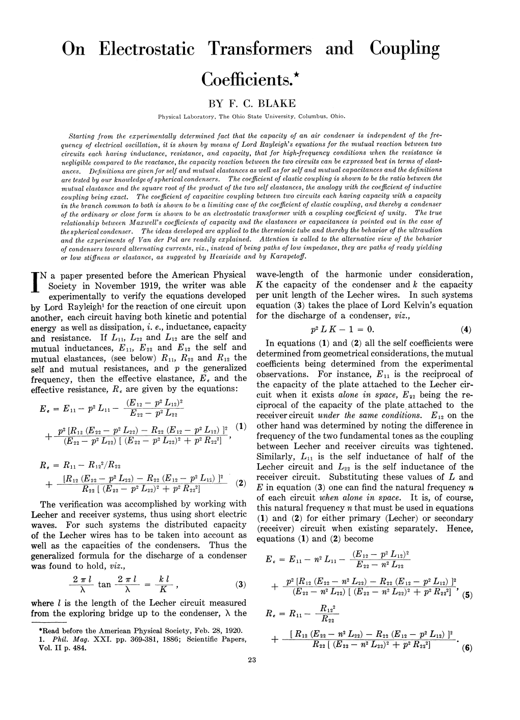 On Electrostatic Transformers and Coupling Coefficients.1