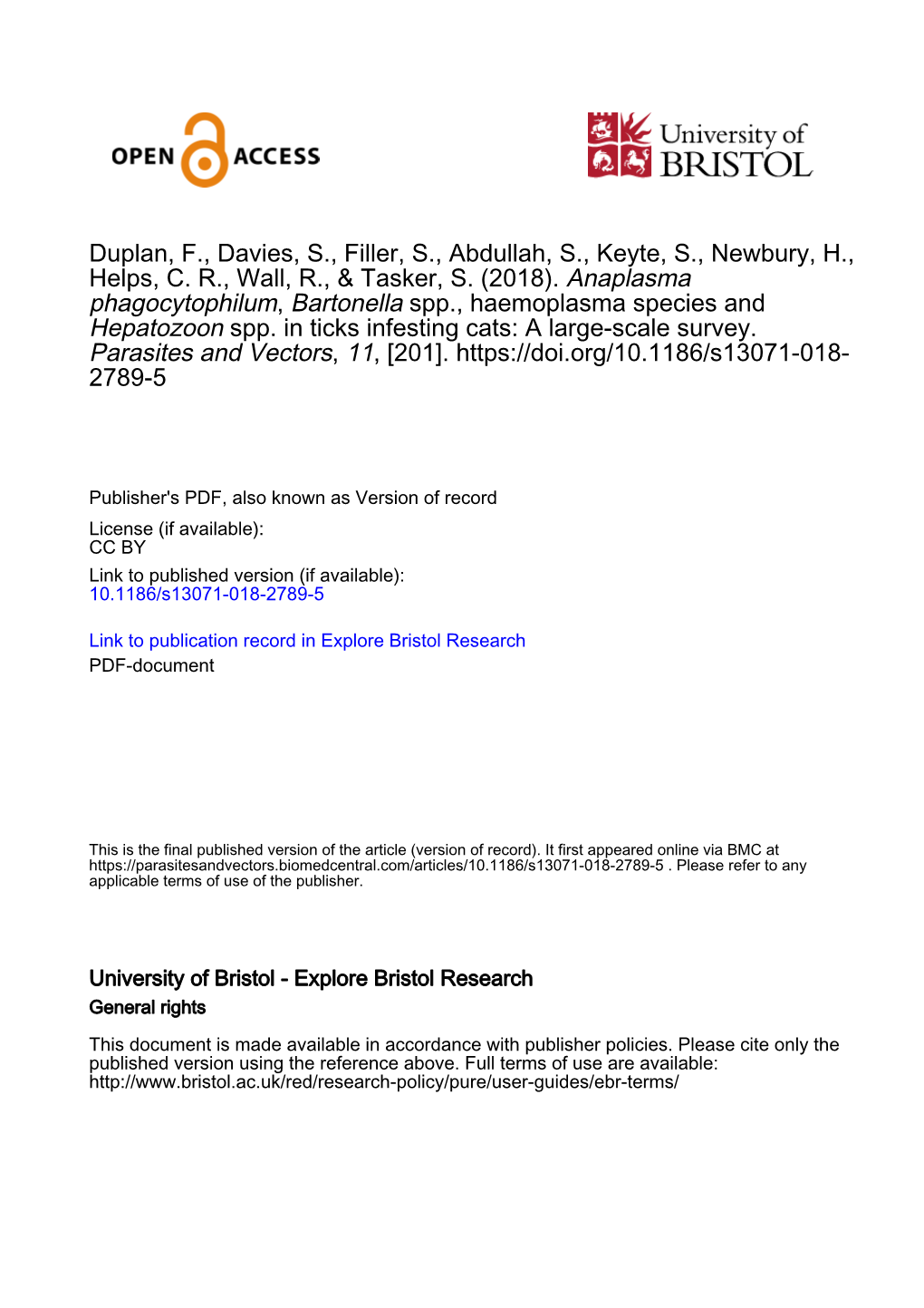 Anaplasma Phagocytophilum, Bartonella Spp., Haemoplasma Species and Hepatozoon Spp