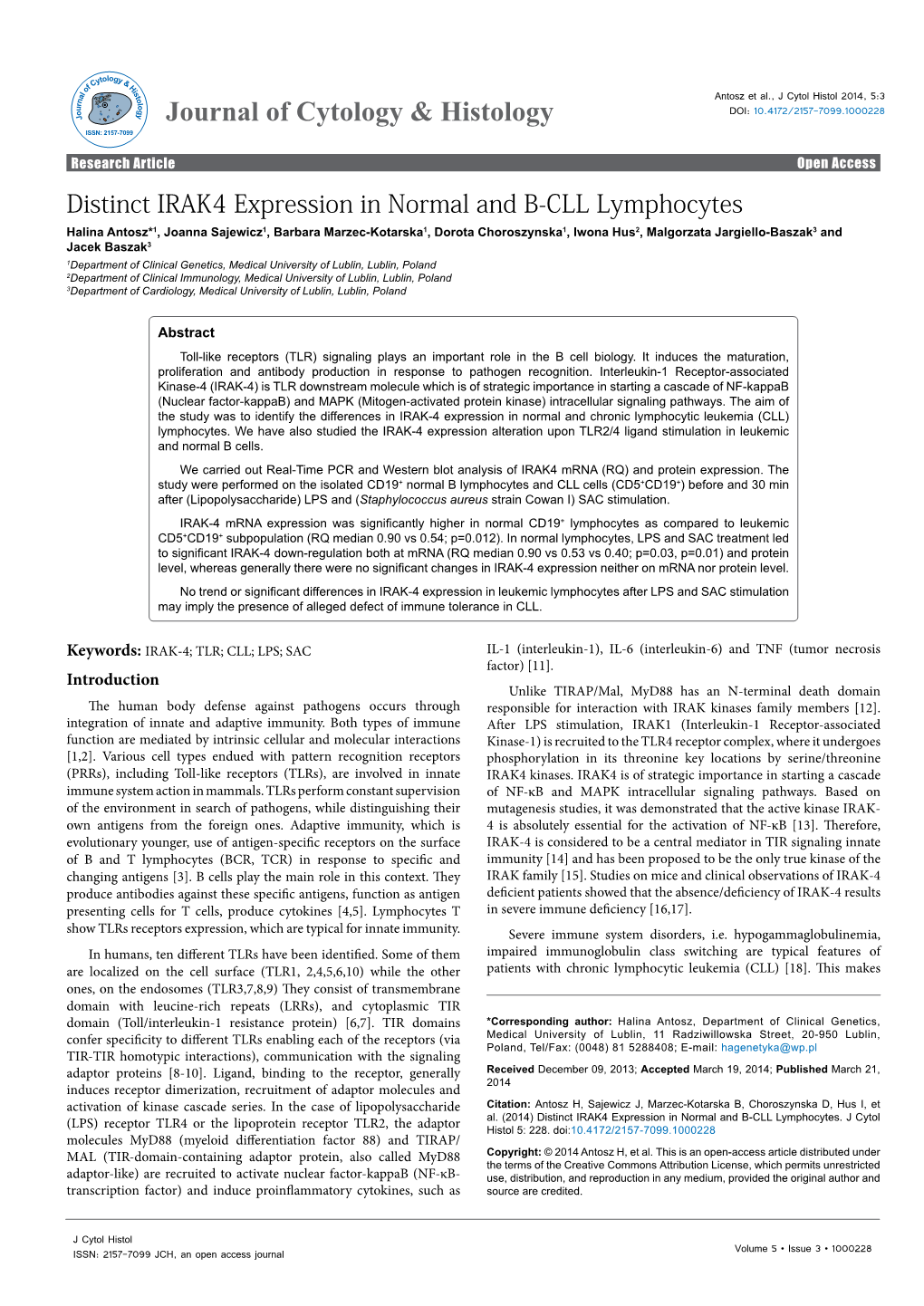 Distinct IRAK4 Expression in Normal and B-CLL Lymphocytes