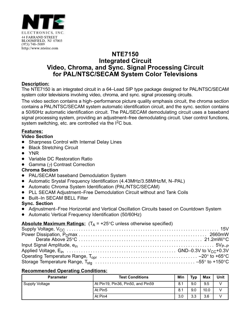 NTE7150 Integrated Circuit Video, Chroma, and Sync. Signal