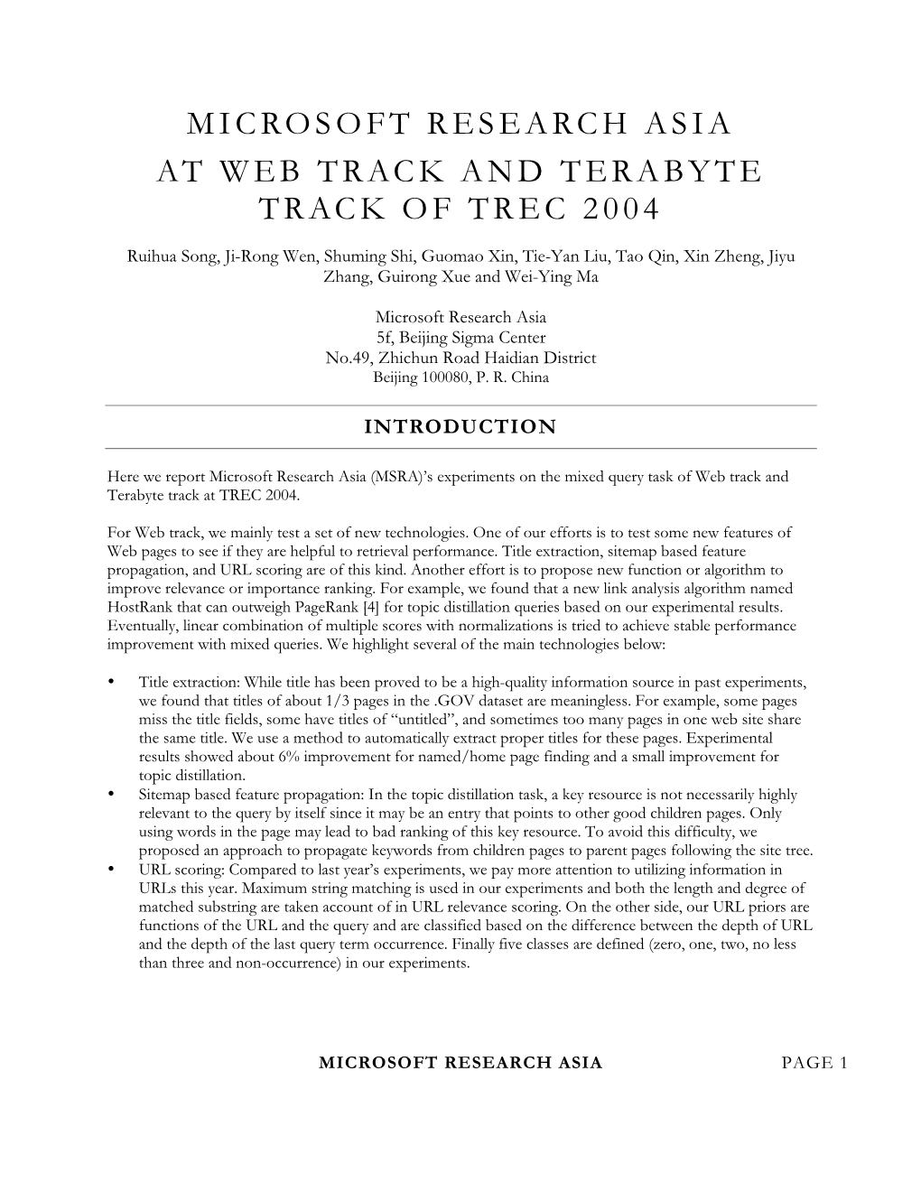 Microsoft Research Asia at Web Track and Terabyte