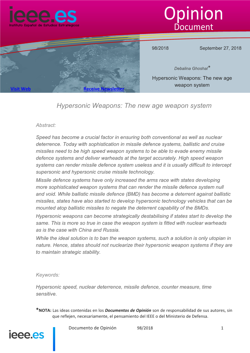 Hypersonic Weapons: the New Age Weapon System Debalina Ghoshal