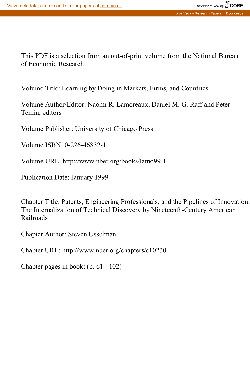 Patents, Engineering Professionals, and the Pipelines of Innovation: the Internalization of Technical Discovery by Nineteenth-Century American Railroads