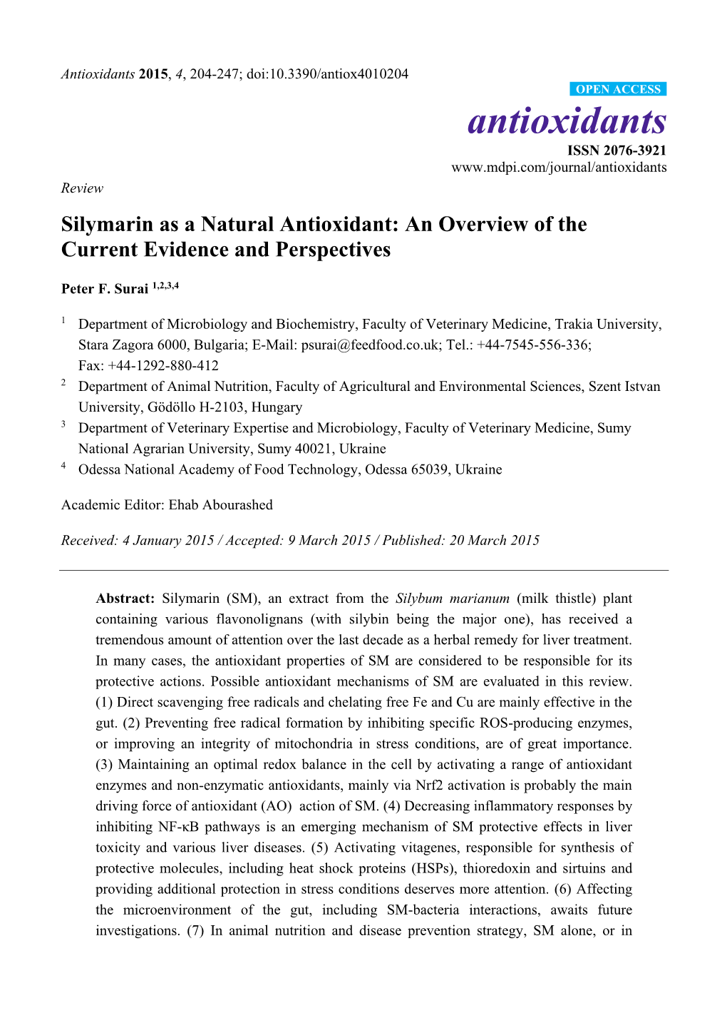 Silymarin As a Natural Antioxidant: an Overview of the Current Evidence and Perspectives