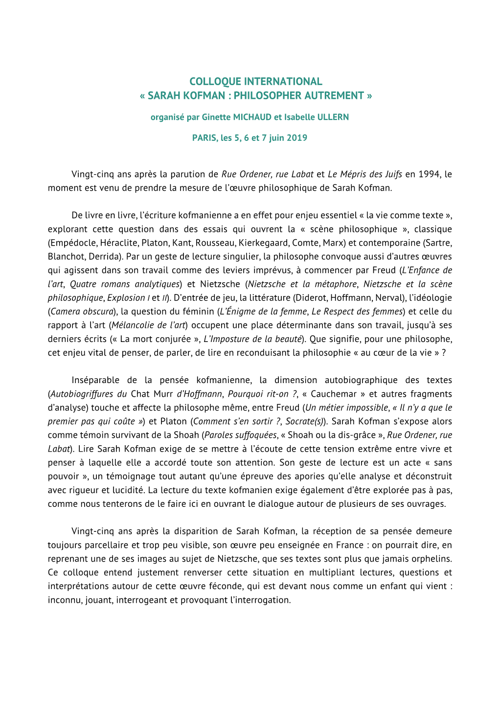 Colloque International « Sarah Kofman : Philosopher Autrement »