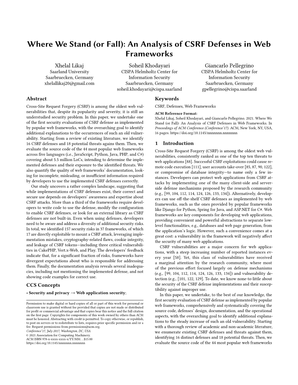 An Analysis of CSRF Defenses in Web Frameworks