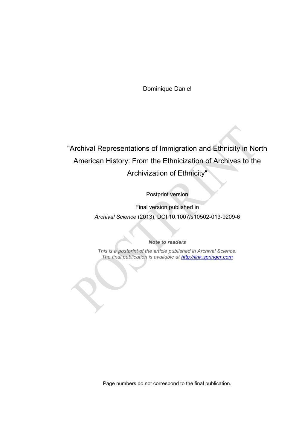 Archival Representations of Immigration and Ethnicity in North American History: from the Ethnicization of Archives to the Archivization of Ethnicity"
