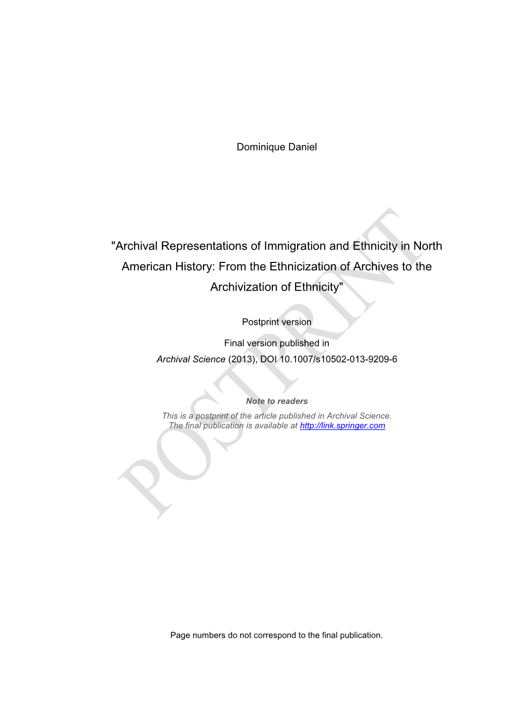 Archival Representations of Immigration and Ethnicity in North American History: from the Ethnicization of Archives to the Archivization of Ethnicity