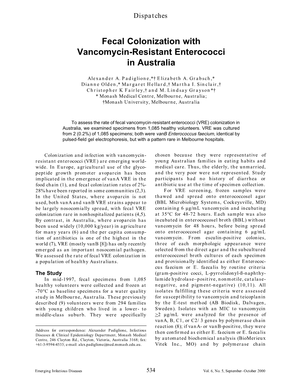 Fecal Colonization with Vancomycin-Resistant Enterococci in Australia