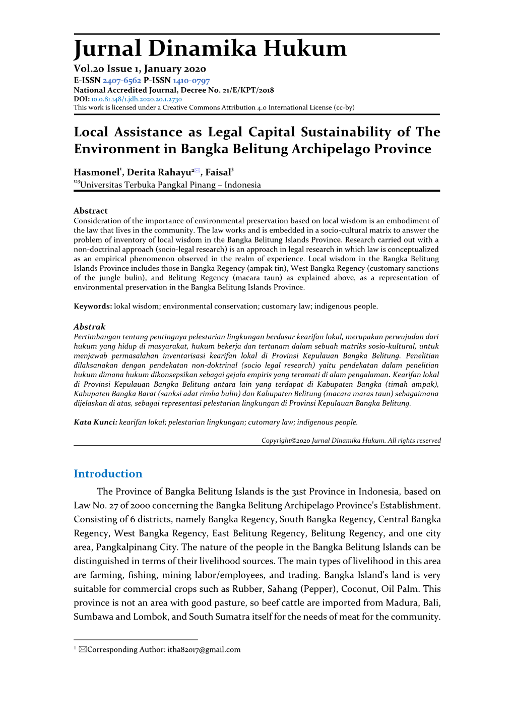 Local Assistance As Legal Capital Sustainability of the Environment in Bangka Belitung Archipelago Province