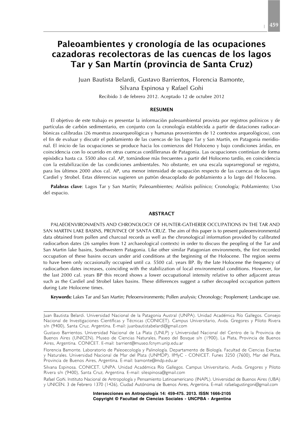 Paleoambientes Y Cronología De Las Ocupaciones Cazadoras Recolectoras De Las Cuencas De Los Lagos Tar Y San Martín (Provincia De Santa Cruz)