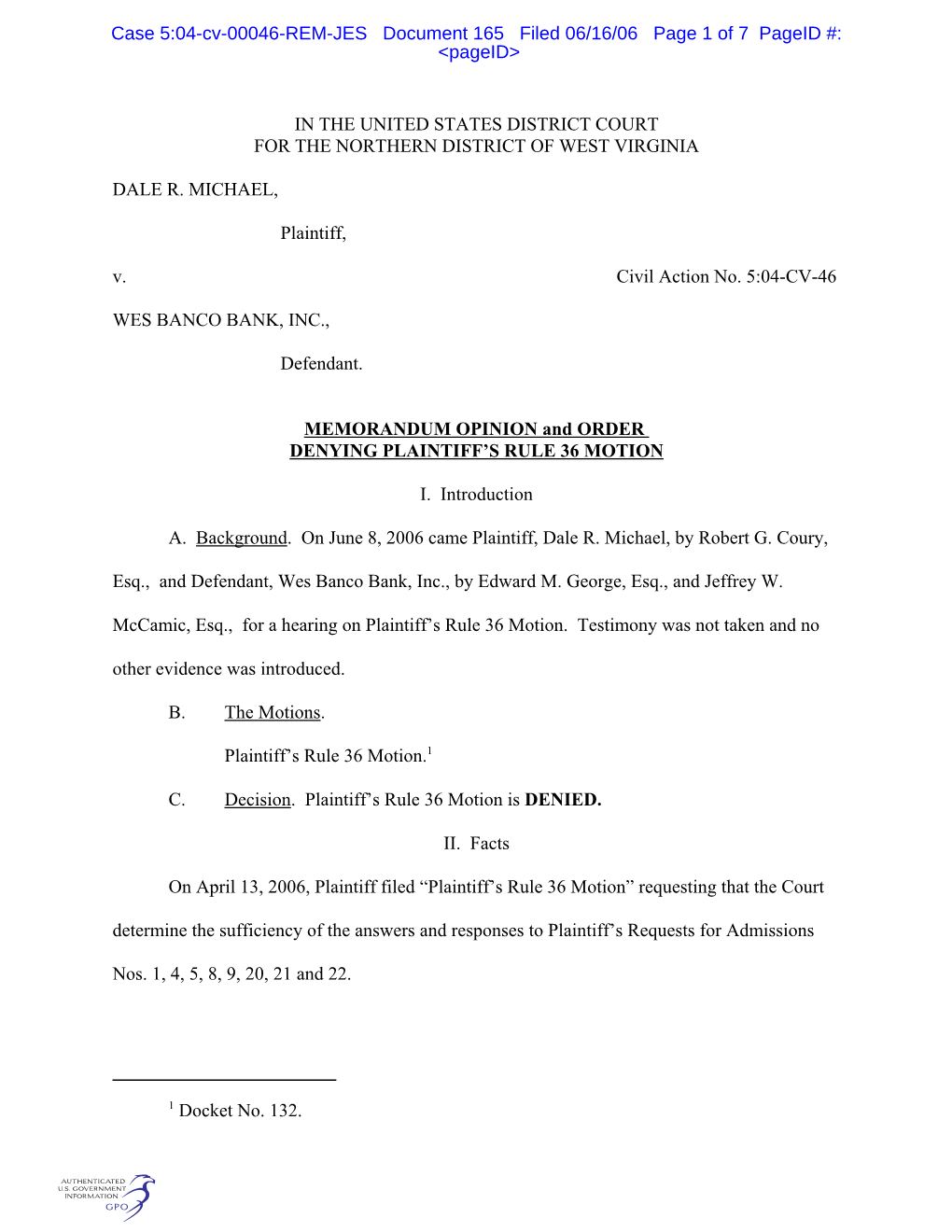 G:\Irina\Civil Opinions\Michael V. Wes Banco Plaintiff's Rule 36 Motion.Wpd